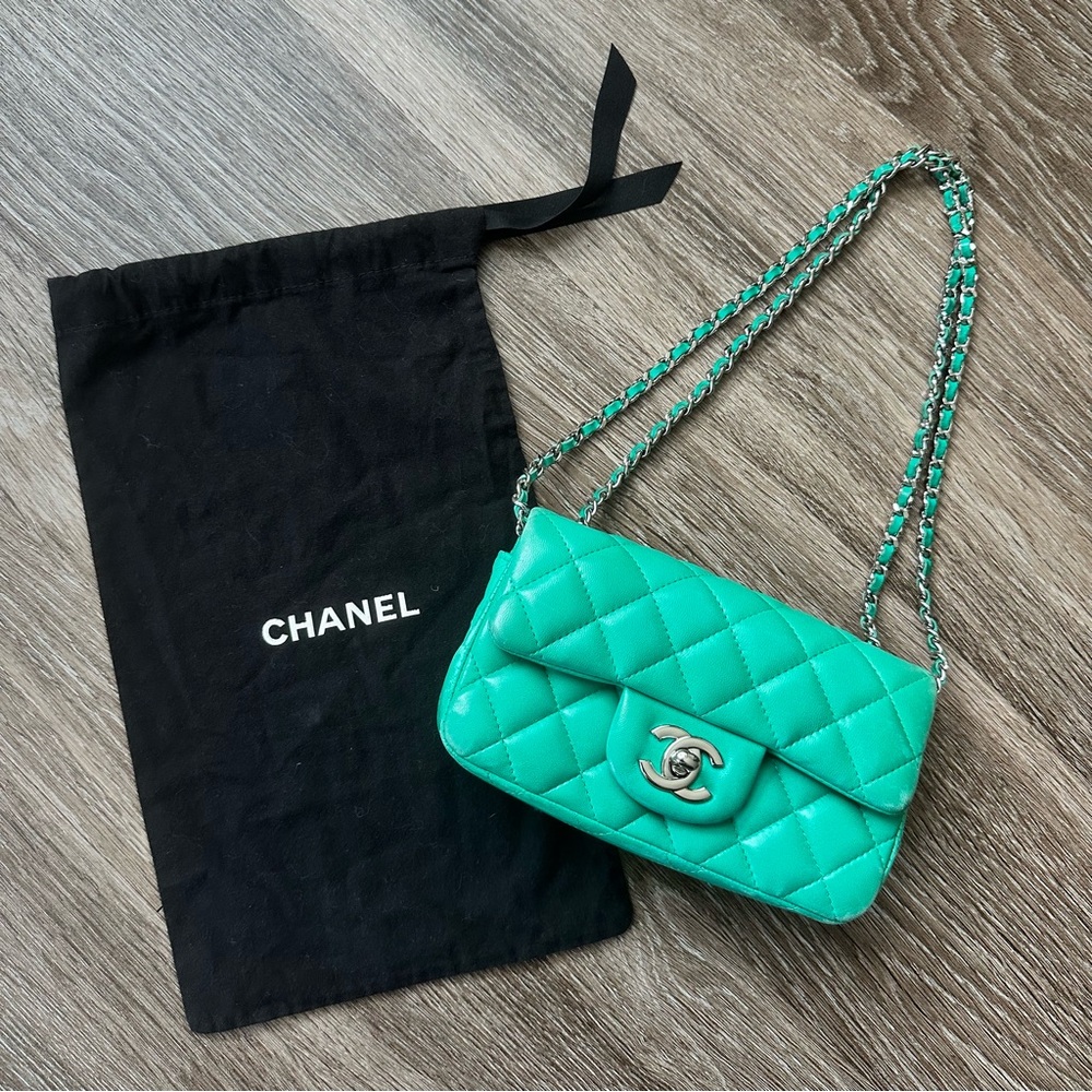 Chanel Extra Mini Flap Bag Turquoise Green Single Flap Lambskin Quilted Leather